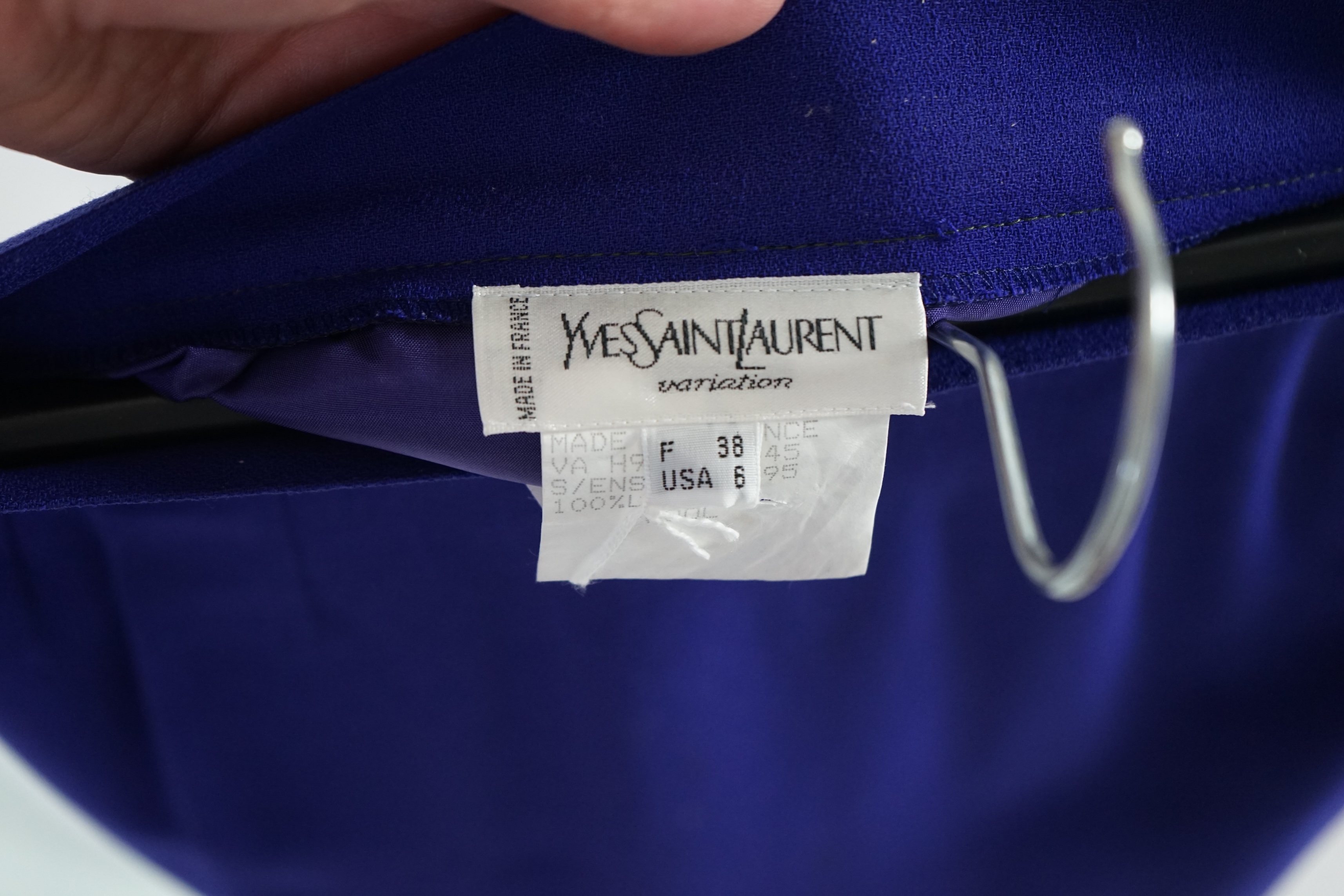 Three vintage Yves Saint Laurent variation lady's skirt suits, F 38 (UK 10). Please note alterations to make the waist smaller may have been carried out on some of the skirts. Proceeds to Happy Paws Puppy Rescue.